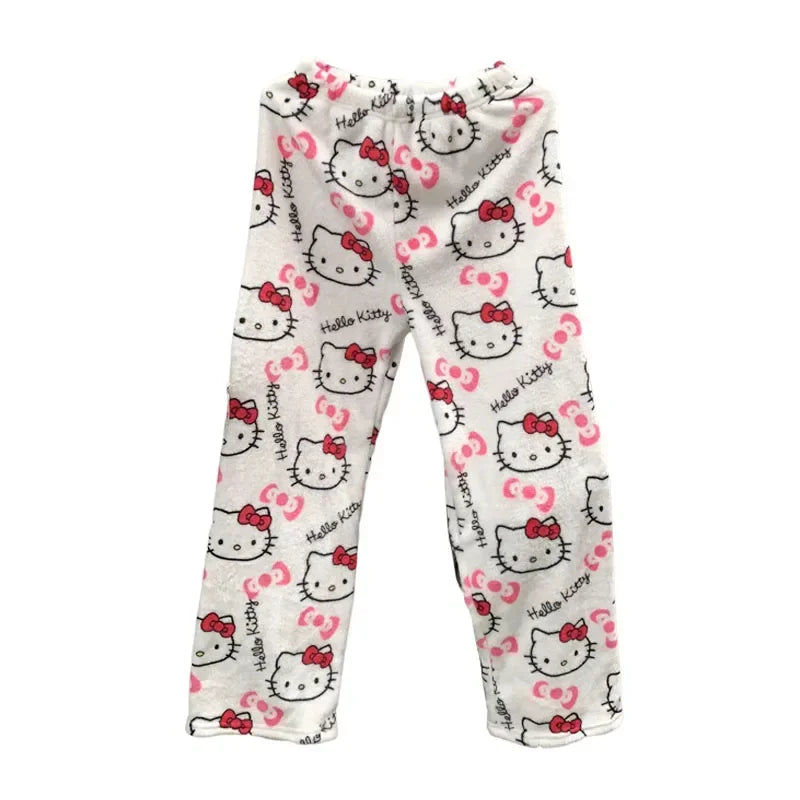 Thicken Hello Kitty Pajama Pants Sanrio Anime Fleece Double Elastic Fabric Soft Trousers Women Trousers Cartoon Birthday Gift