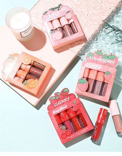 Mini Velvet Matte Lip Gloss Set, 4-Piece Non-Fading, Non-Stick Cup, Long-Lasting Fruit Scented Lip Tint, Smooth and Lightweight