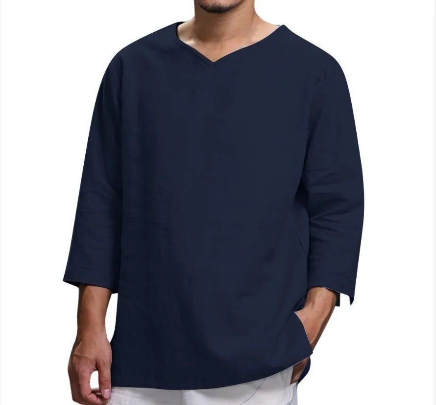 Men's New 3/4 Sleeve Loose Solid Casual Large Pullover Shirt