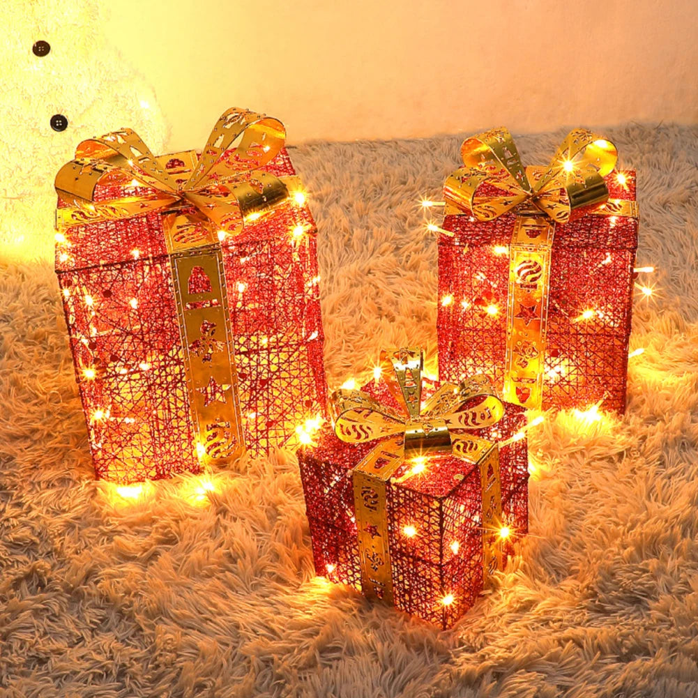 Christmas Foldable Lighted Metal Boxes 25/20/15CM Set of 3 Battery Operated for Outdoor Indoor Christmas Tree/Yard/Home Decor