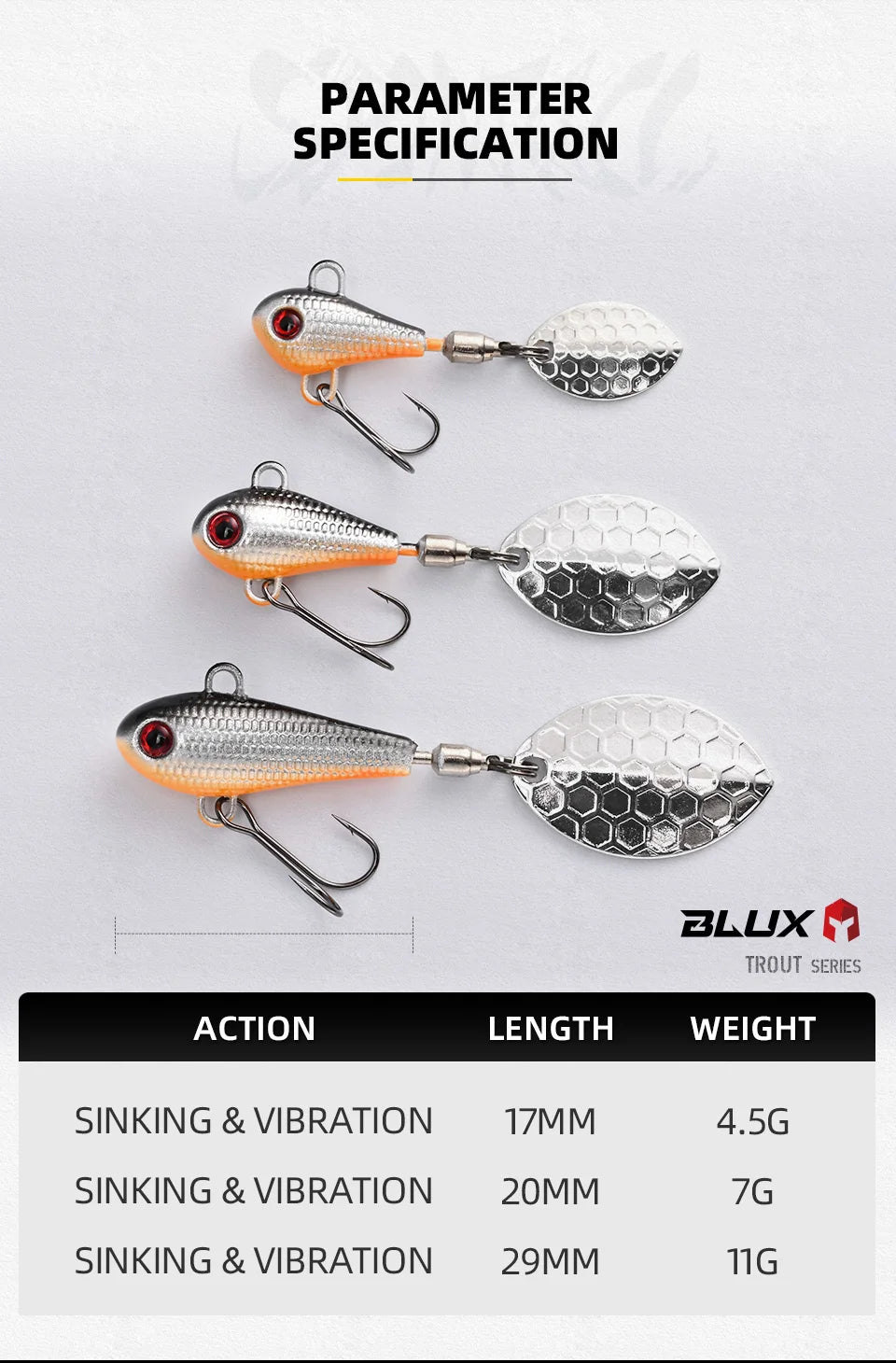 BLUX SPINTAIL Fishing Lure 4.5g 7g 11g Mag Tail Spinner Shad Metal Vib Casting Shore Jig Bait Copper Blade Spoon Freshwater Bass