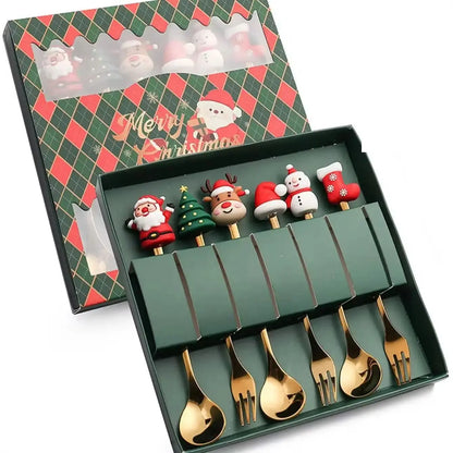 Christmas Themed Cutlery Set Stainless Steel Creative Cartoon Knife Fork Spoon 2/4/6pcs Set Holiday Gift Cutlery Decoration
