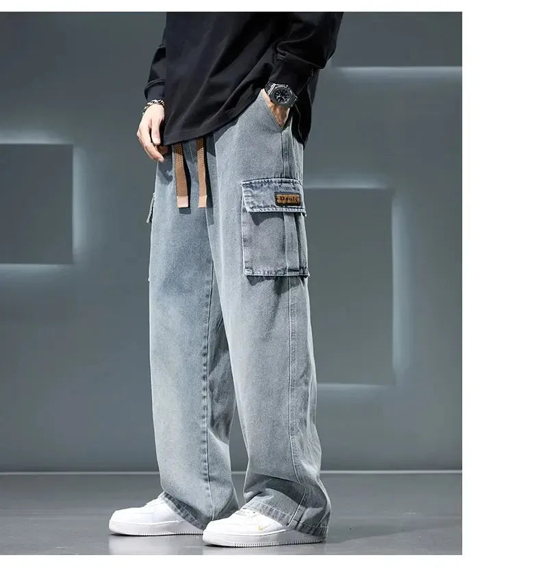 8XL Jeans New Wide Leg Washing Pants Men Trousers Neutral Solid Color Loose Casual Korean Fashion Pocket Plus Size Cargo Pant