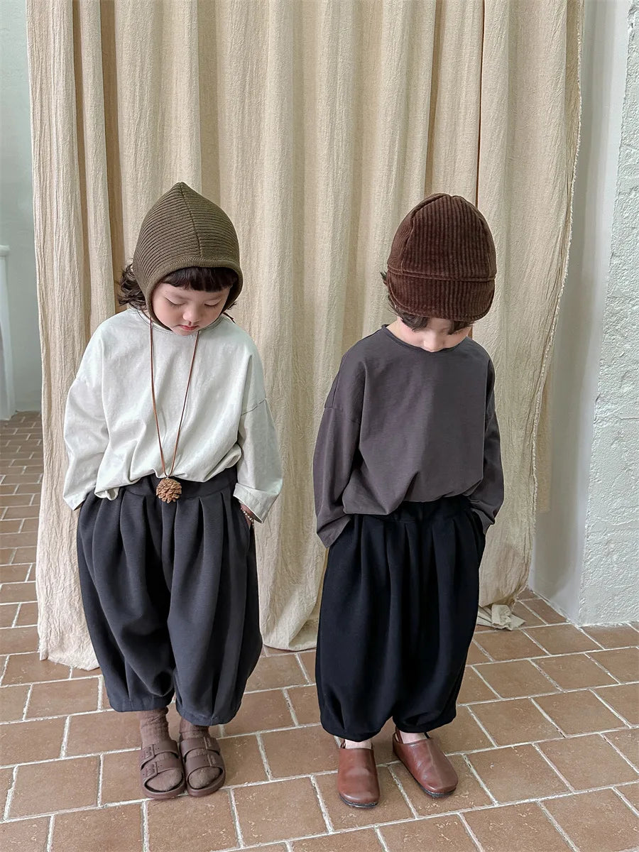 Korean Children's Clothes 2025 Kids Boys 0-3Y Baby Girls Cotton Solid Color Long Sleeve Loose Fit Base Layer Soft Wear Top