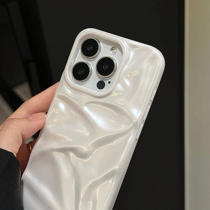 Pearl White Folds Texture Case For iPhone 16 13 14 11 12 Pro Max 15 Plus Stylish Glossy Soft TPU Phone Back Cover