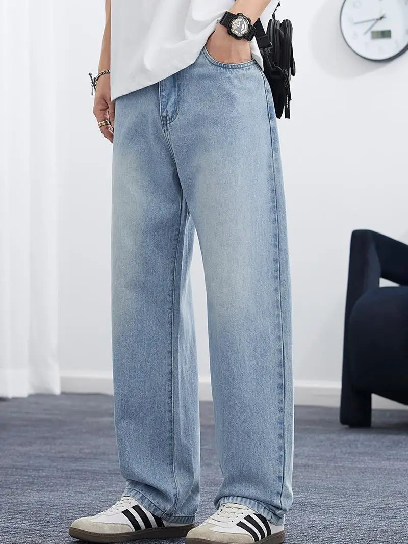 2025 Spring/Summer Korean Style Straight Leg Lyocell Jeans Men's Fashion Versatile Loose Thin Pants Men's Washed Retro ﻿