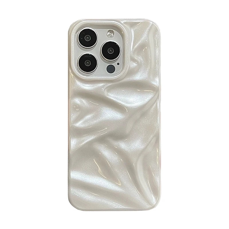 Pearl White Folds Texture Case For iPhone 16 13 14 11 12 Pro Max 15 Plus Stylish Glossy Soft TPU Phone Back Cover