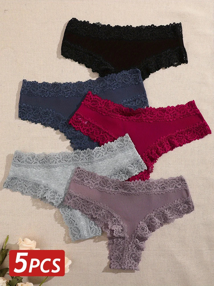 3/5PCS Lace Seamless Cotton Panties Ribbed Brazilian Pants Low Waist Women Panties Breathable Girls Underwear Plus Size Lingerie