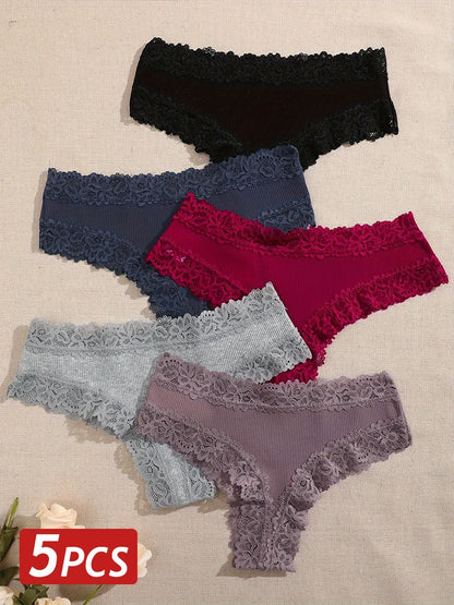 3/5PCS Lace Seamless Cotton Panties Ribbed Brazilian Pants Low Waist Women Panties Breathable Girls Underwear Plus Size Lingerie
