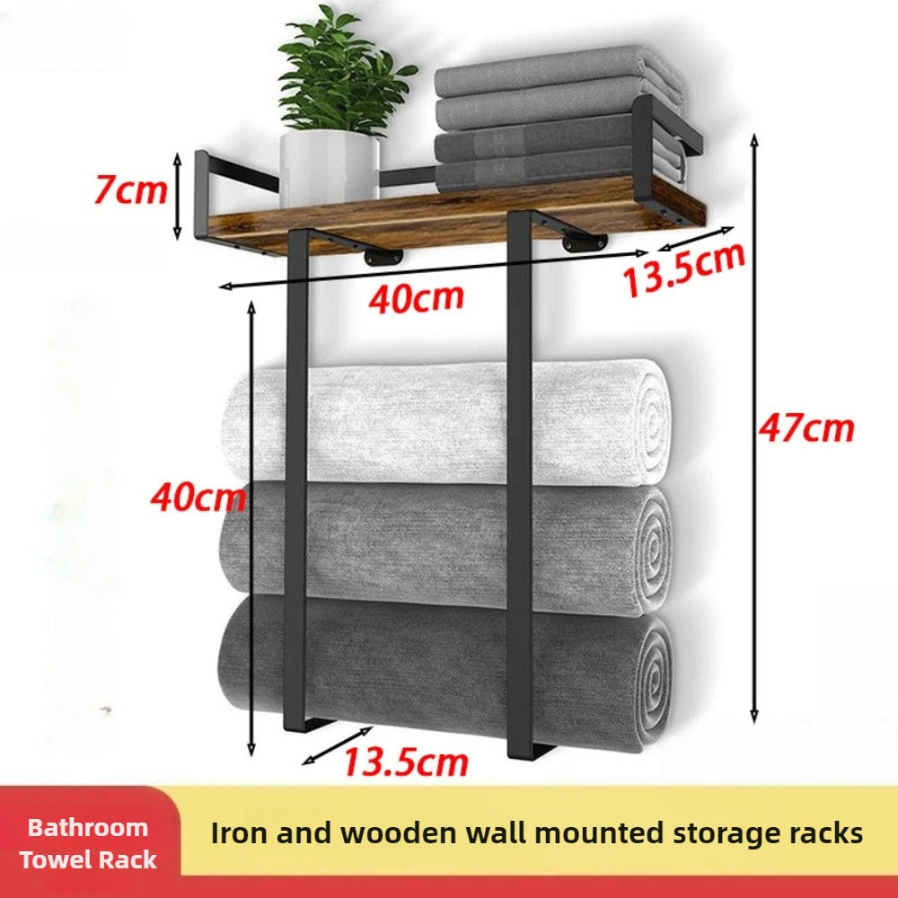 Bathroom Towel Rack Made of Iron and Wooden Wall Mounted Shampoo Shelf Shower Holder Toilet Storage Bar Hardware Accessories