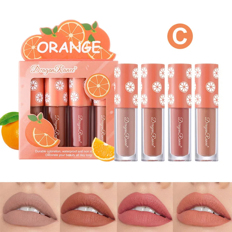 Mini Velvet Matte Lip Gloss Set, 4-Piece Non-Fading, Non-Stick Cup, Long-Lasting Fruit Scented Lip Tint, Smooth and Lightweight