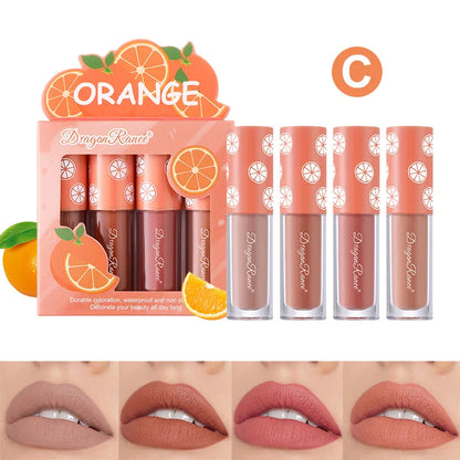 Mini Velvet Matte Lip Gloss Set, 4-Piece Non-Fading, Non-Stick Cup, Long-Lasting Fruit Scented Lip Tint, Smooth and Lightweight