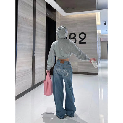 Gradient Spring 2025 Blue Jeans Women Y2K Vintage High Waisted Jeans Straight Streetwear Loose Large Wide Leg Denim Pants