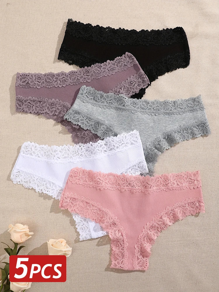 3/5PCS Lace Seamless Cotton Panties Ribbed Brazilian Pants Low Waist Women Panties Breathable Girls Underwear Plus Size Lingerie