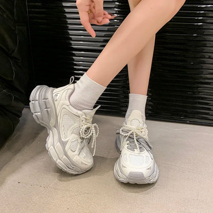 Shoes for Women 2025 New Front Lace-up Women's Vulcanize Shoes Fashion Round Toe Mesh Outdoor Best Seller Breathable Sneakers