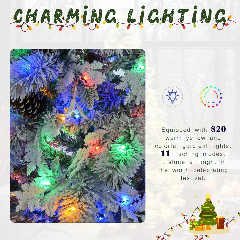 4FT Pre-Lit Spruce Snow Flocked Christmas Tree, Artificial with Pine Cones, 170 Tips, PVC Branches, 120 Multi-Color LED Lights