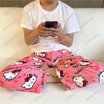 2024 Sanrio Hello Kitty Pajamas Halloween Flannel Fashion Trouserswomen Kawaii Woolen Anime Cartoon Casual Home Pants Autumn