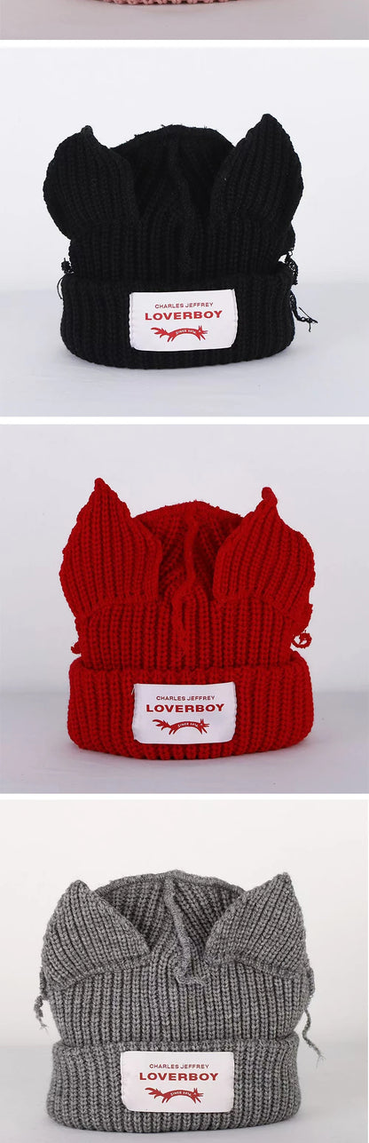 Winter Skullies Hat Unisex Cat Ear Hat Warm Crochet Knitted Hat Costume Beanie Hat Women Christmas Gift Hip-hop Cap Cold Hat