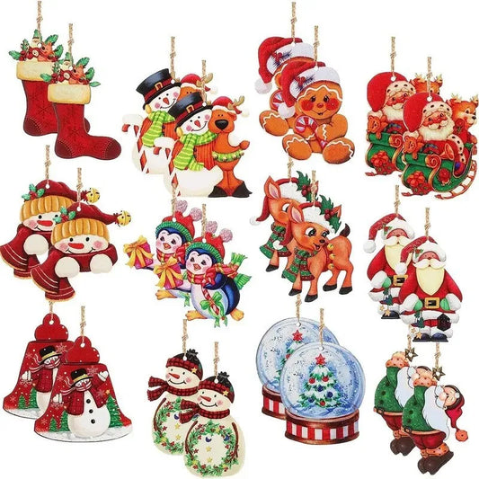 24pcs Christmas Wooden Ornaments Christmas Wood Decor Farmhouse Style Hanging Wooden Ornaments Christmas Tree Vintage Santa