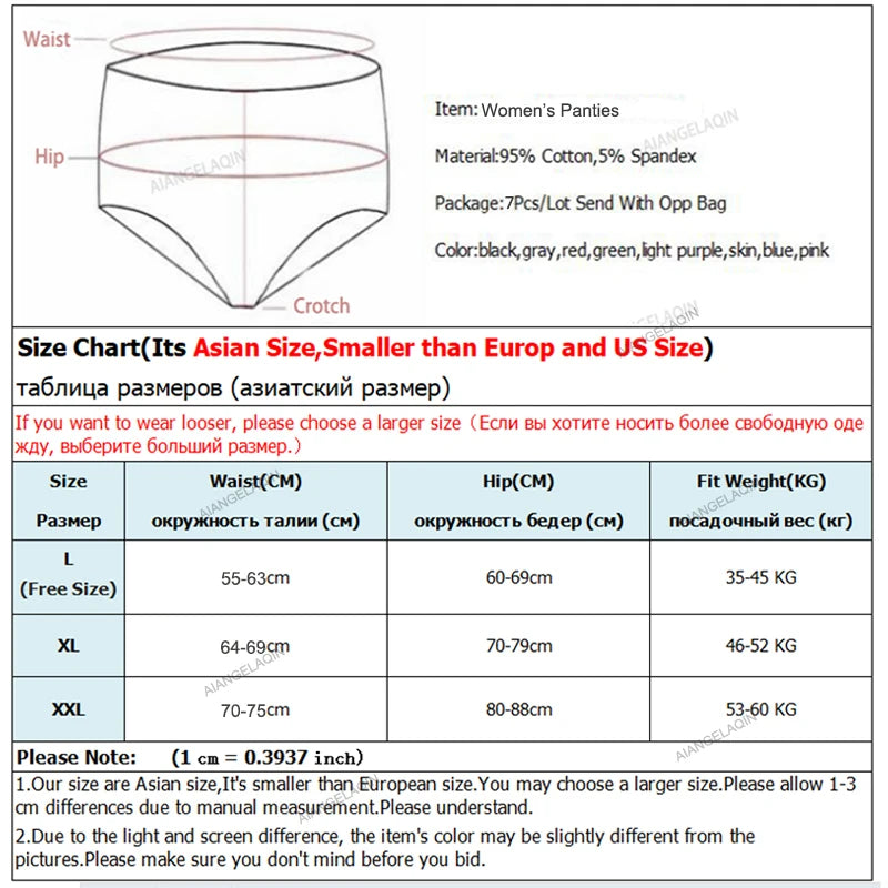7Pcs/Lot Women Panties Cotton Underwear Breathable Soft Sexy Lingerie Female Briefs Girls Cute Solid Color Underpants Plus Size