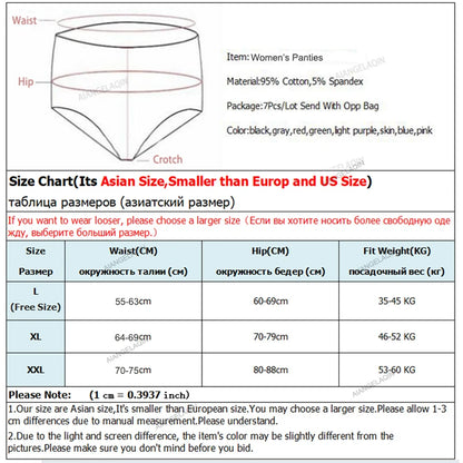 7Pcs/Lot Women Panties Cotton Underwear Breathable Soft Sexy Lingerie Female Briefs Girls Cute Solid Color Underpants Plus Size