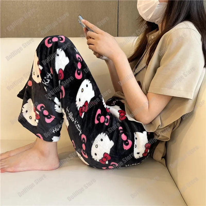 2024 Sanrio Hello Kitty Pajamas Halloween Flannel Fashion Trouserswomen Kawaii Woolen Anime Cartoon Casual Home Pants Autumn