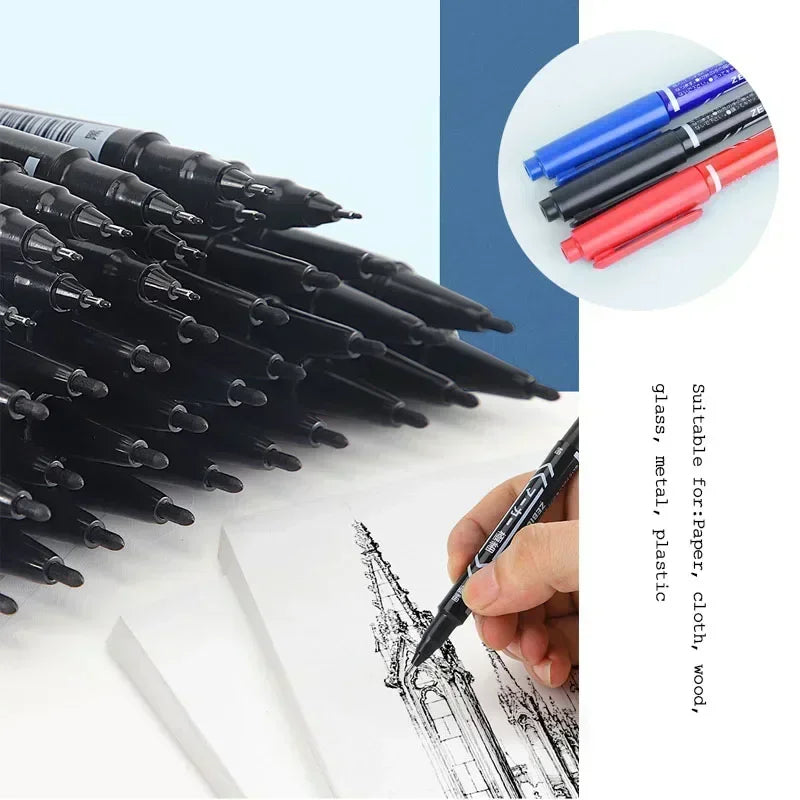 5/10PCs Permanent Marker Black/Blue/Red Oil Marker Pen Twin Tip Fine Nid Marker Ink Stationery Items School & Office Supplies