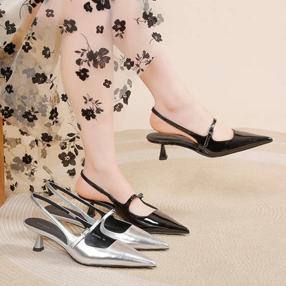 Shoes for Women 2025 New Pointed Toe Women's High Quality Slingback Sandals Simple and Elegant Dress Shoes Silver Heels Women