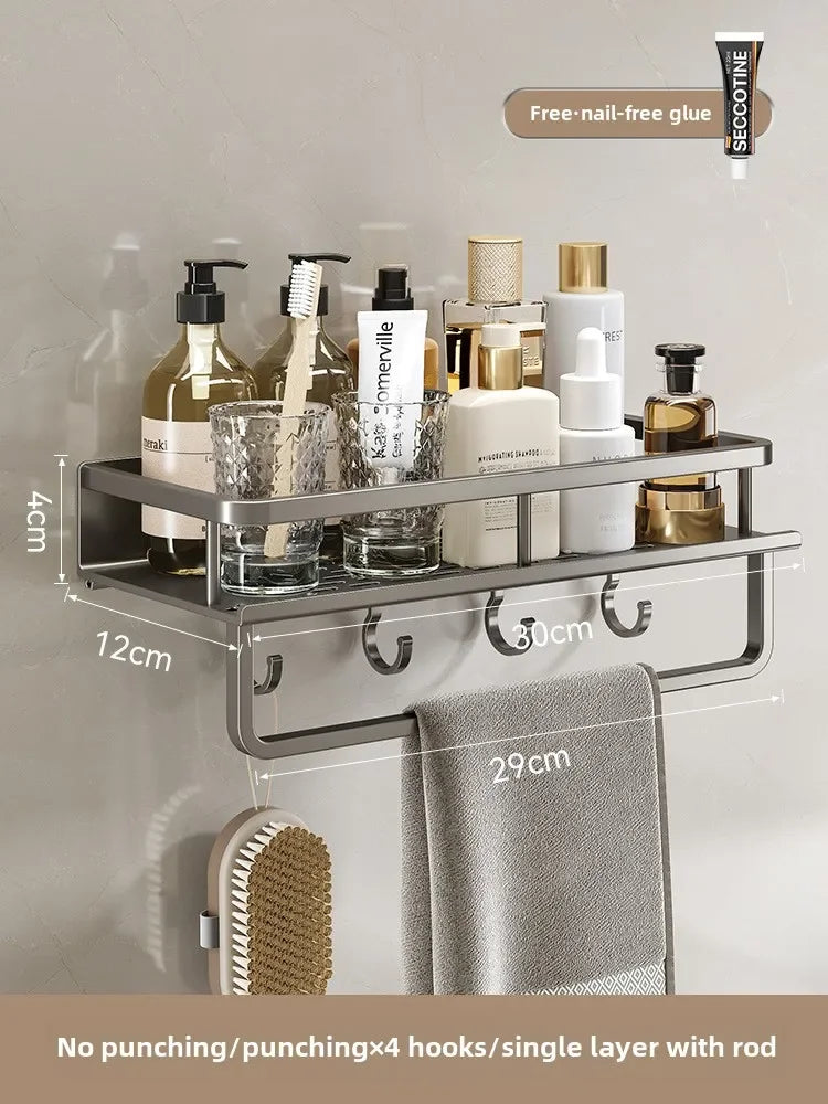 Bathroom storage rack, non perforated washbasin, hand washing and shower area, shower gel wall storage rack