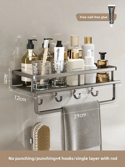Bathroom storage rack, non perforated washbasin, hand washing and shower area, shower gel wall storage rack