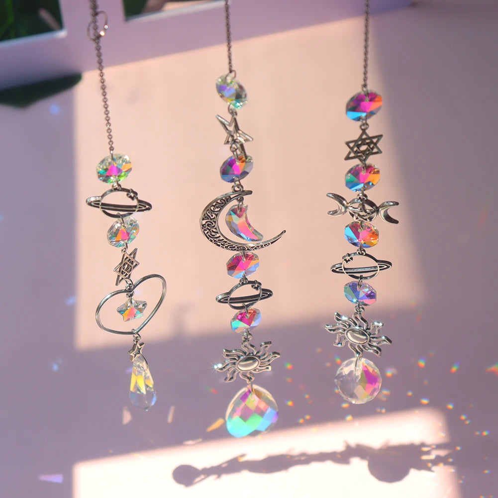 1pc Crystal Wind Chime Moon Sun Catcher Diamond Prisms Pendant Dream Catcher Rainbow Hanging Drop Home Garden Decor Windchime