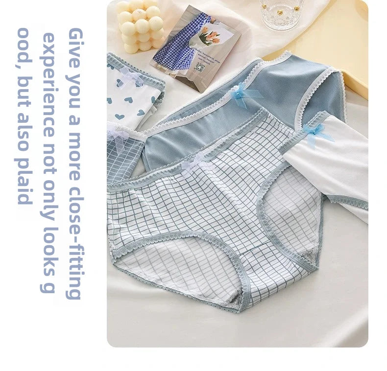 5pcs Women’s Cotton Panties Underwear Briefs Set Cute Bow Heart Plaid Print Soft Breathable Comfy Intimates Lingerie