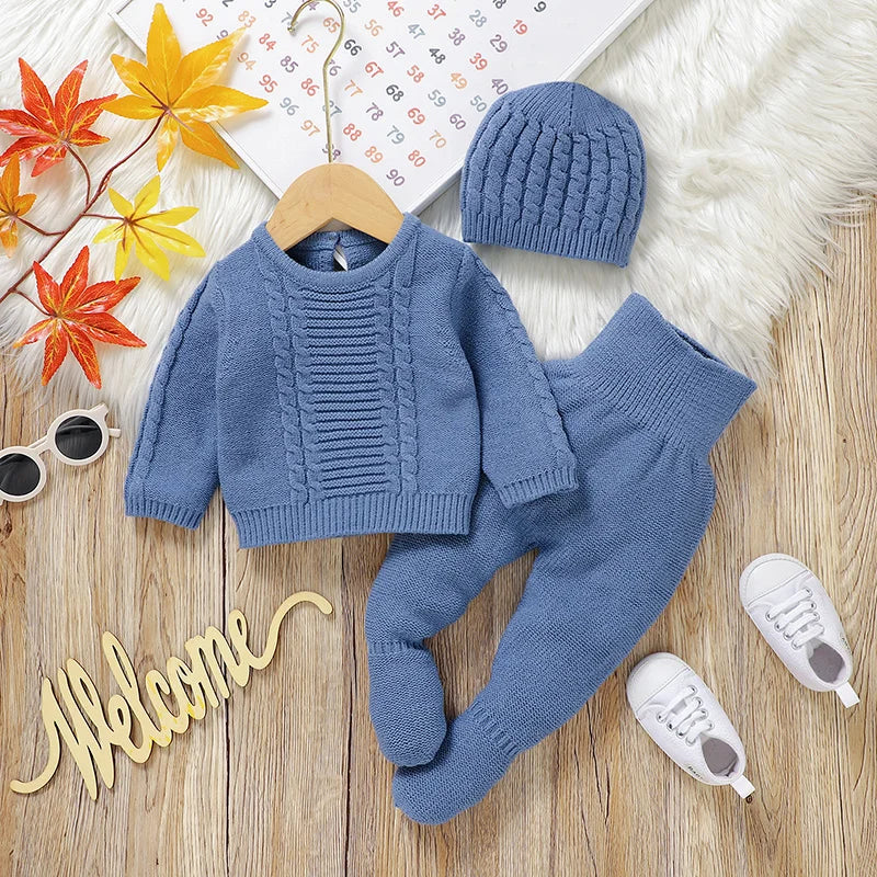 Kids Clothes Set 0-9M Autumn Winter Blue Casual Outerwear Newborn Infant Boys Long Sleeve Sweaters Pullovers+Pants Toddler Suits