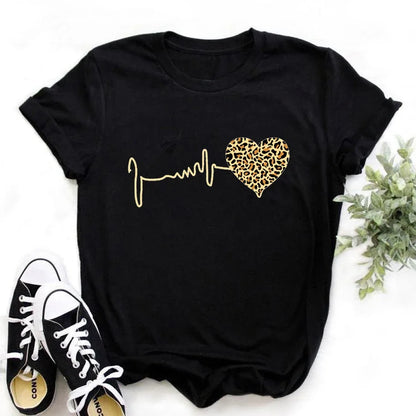 Summer New 90 's Leopard Heartbeat Short Sleeve Print Clothing Women's T-Shirt Harajuku Graphic Clothing Women's Top Tee