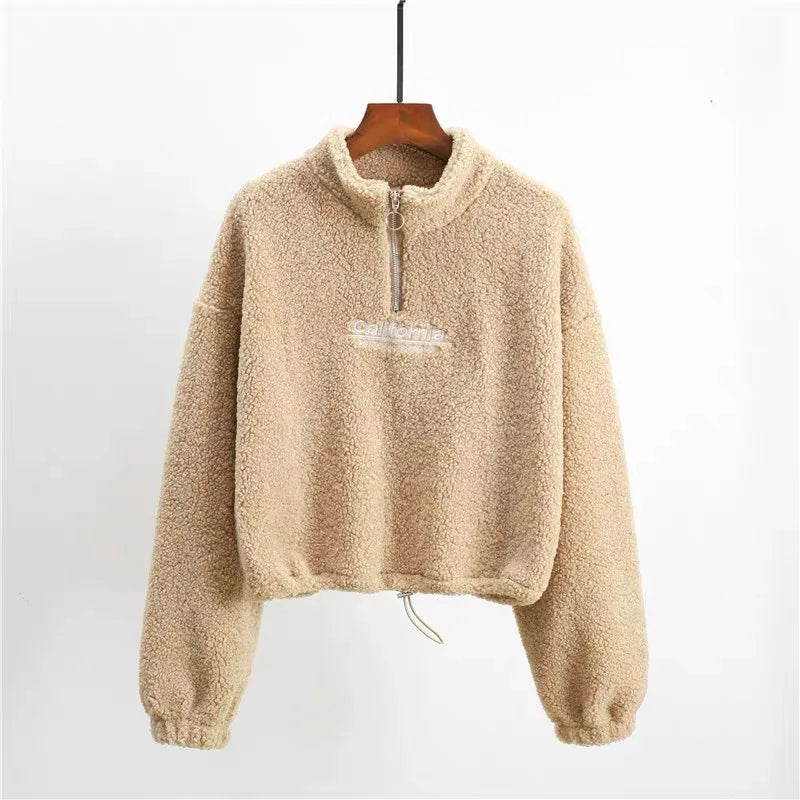 Women Letter Embroidery Stand Neck Fleece Cropped Hoodies Autumn Long Sleeve Drawstring Sweatshirt New Casual Plush Velvet Tops