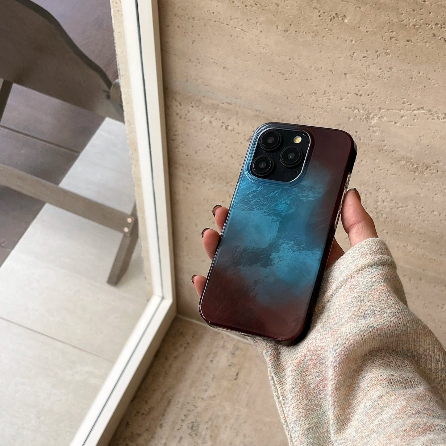 Korean INS Full Covered Blue & Brown Gradient Double Layers Chic Phone Case for iPhone 16 15 14 13 Pro Max Back Phone Cover Capa