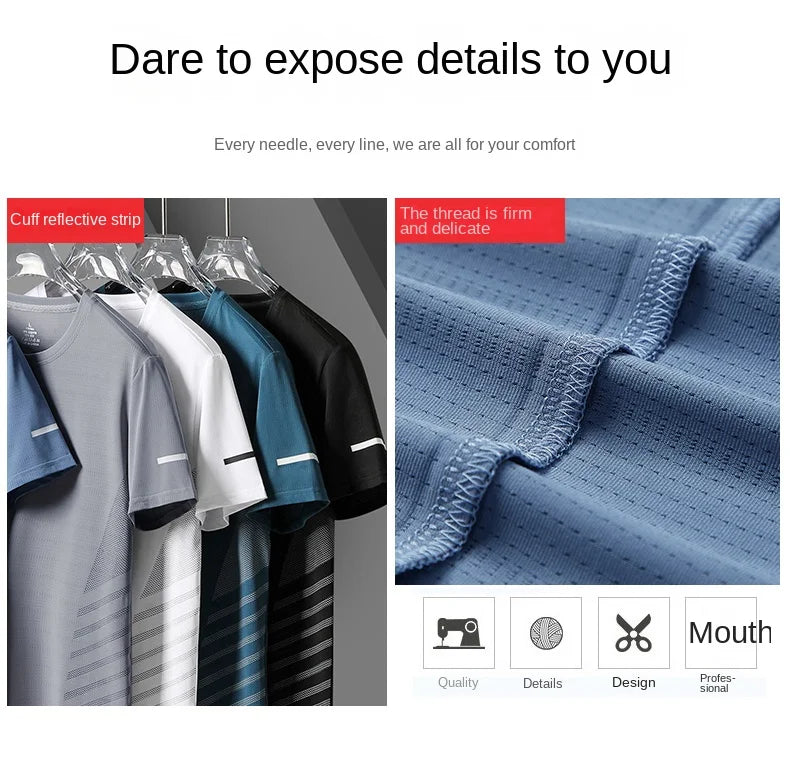 Running T-shirt Men Summer Ice Silk Thin Top Reflective Printing Quick Dry Short Sleeve Breathable Fitness Sports T-shirt 5XL