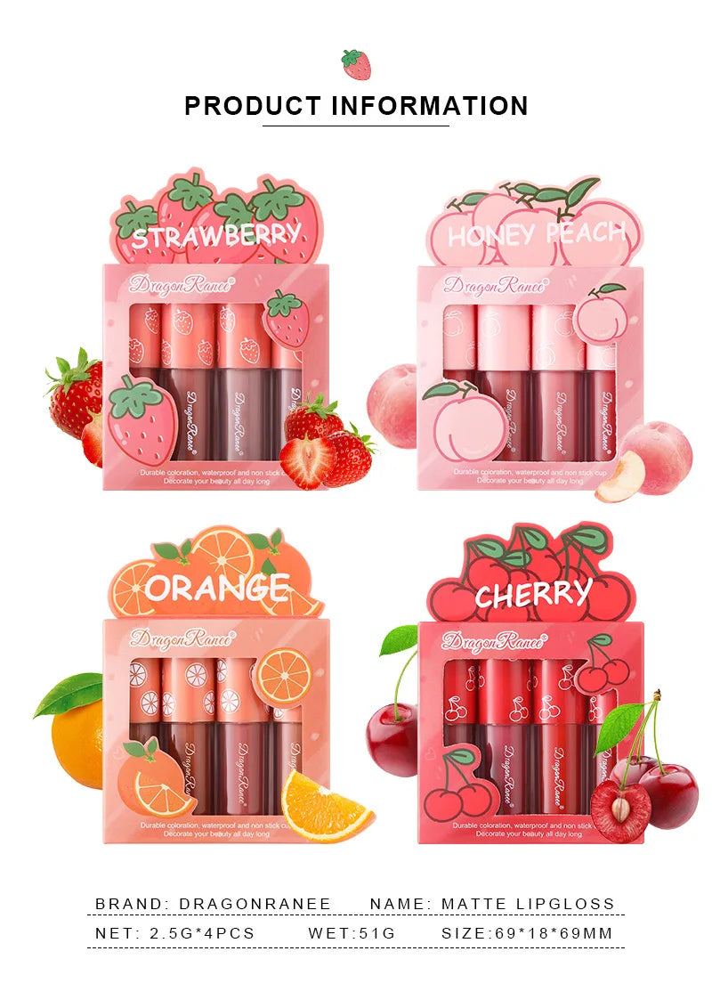 Mini Velvet Matte Lip Gloss Set, 4-Piece Non-Fading, Non-Stick Cup, Long-Lasting Fruit Scented Lip Tint, Smooth and Lightweight