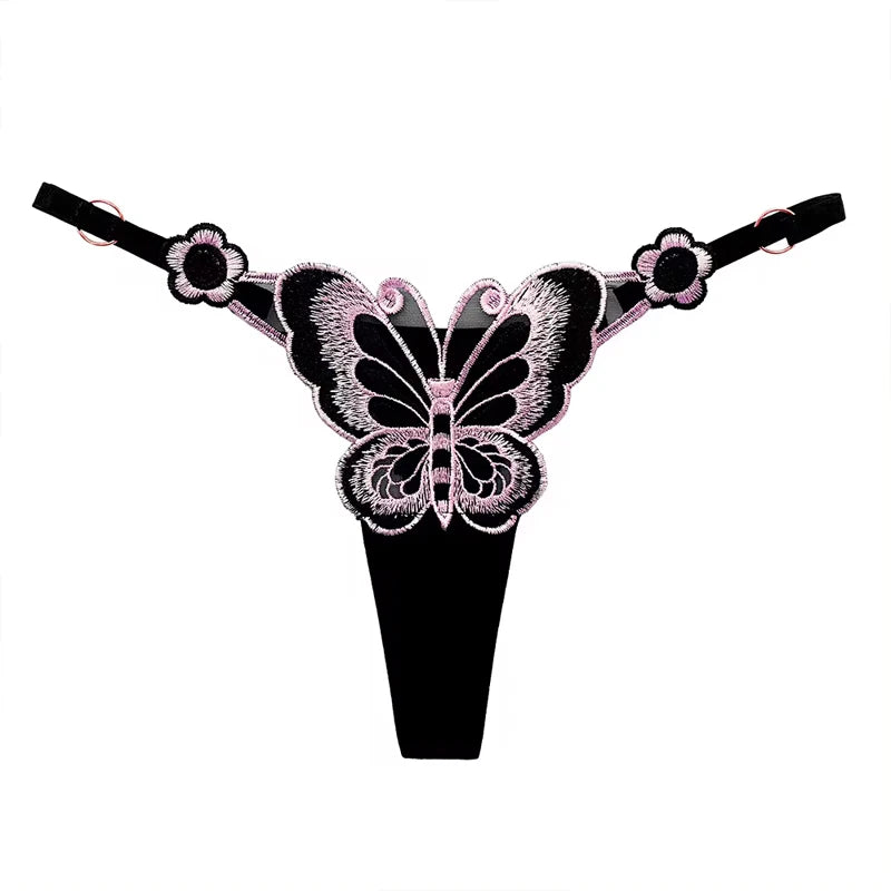 Sexy Lace Thong Women Butterfly Low Waist Panties G strings Transparent Mesh Briefs Adjustable Waist Panties Culotte Femme