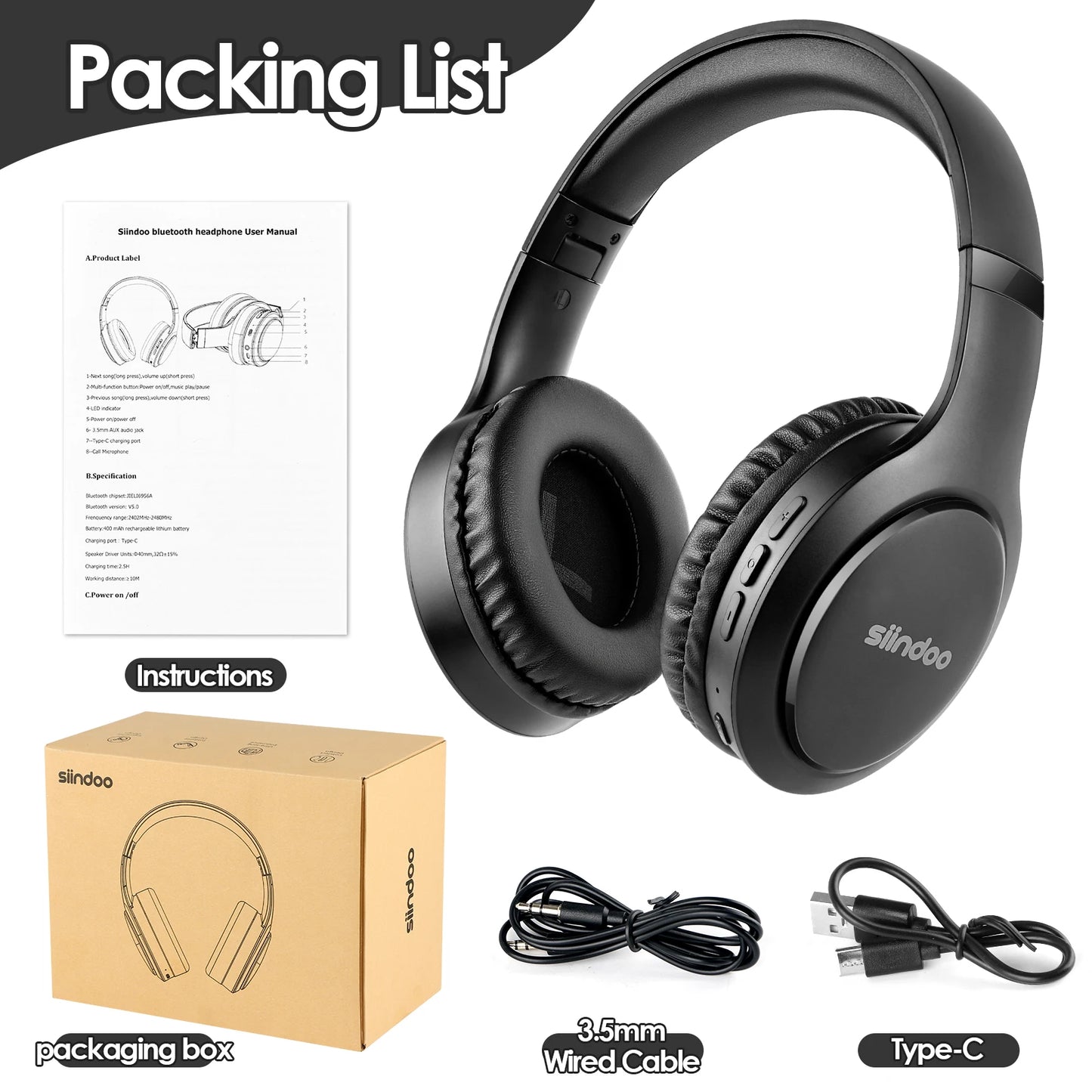 Siindoo JH-919 Wireless Bluetooth Headphones Foldable Stereo Earphones Super Bass Noise Cancelling Mic For Iphone Laptop PC TV