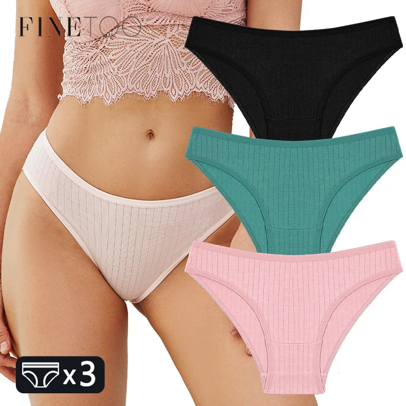 FINETOO 3PCS/SET Women's Cotton Panties Soft Striped Underpants Sexy Solid Color Briefs Female Comfortable Stretch Lingerie M-XL