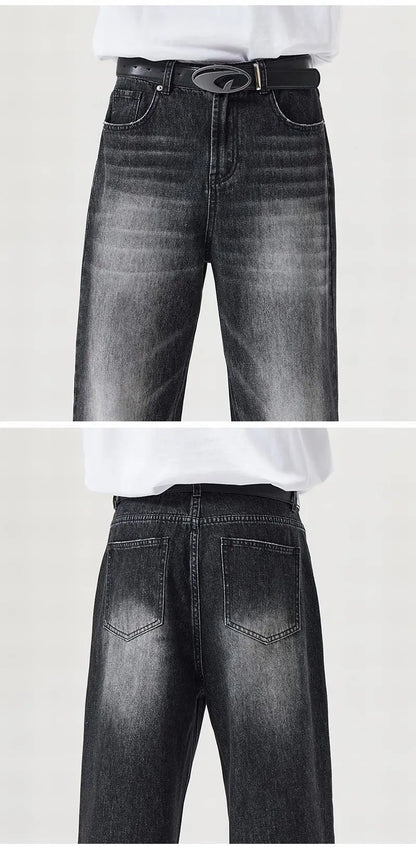 Vintage Distressed Men's Baggy Straight Jeans Spring Autumn Korean High Street Moustache Effect Denim Pants Streetwear Trousers