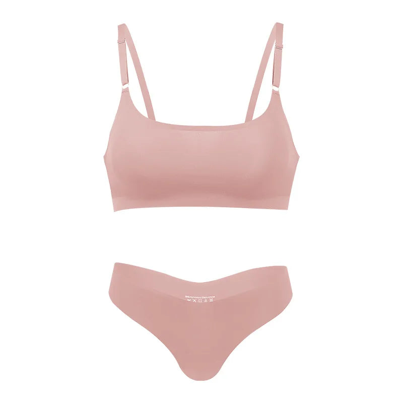 Hot Sale High Quality Latest Design Us Size Stylish Solid Ice Silk Seamless Wireless Bras And Women Underwear Set