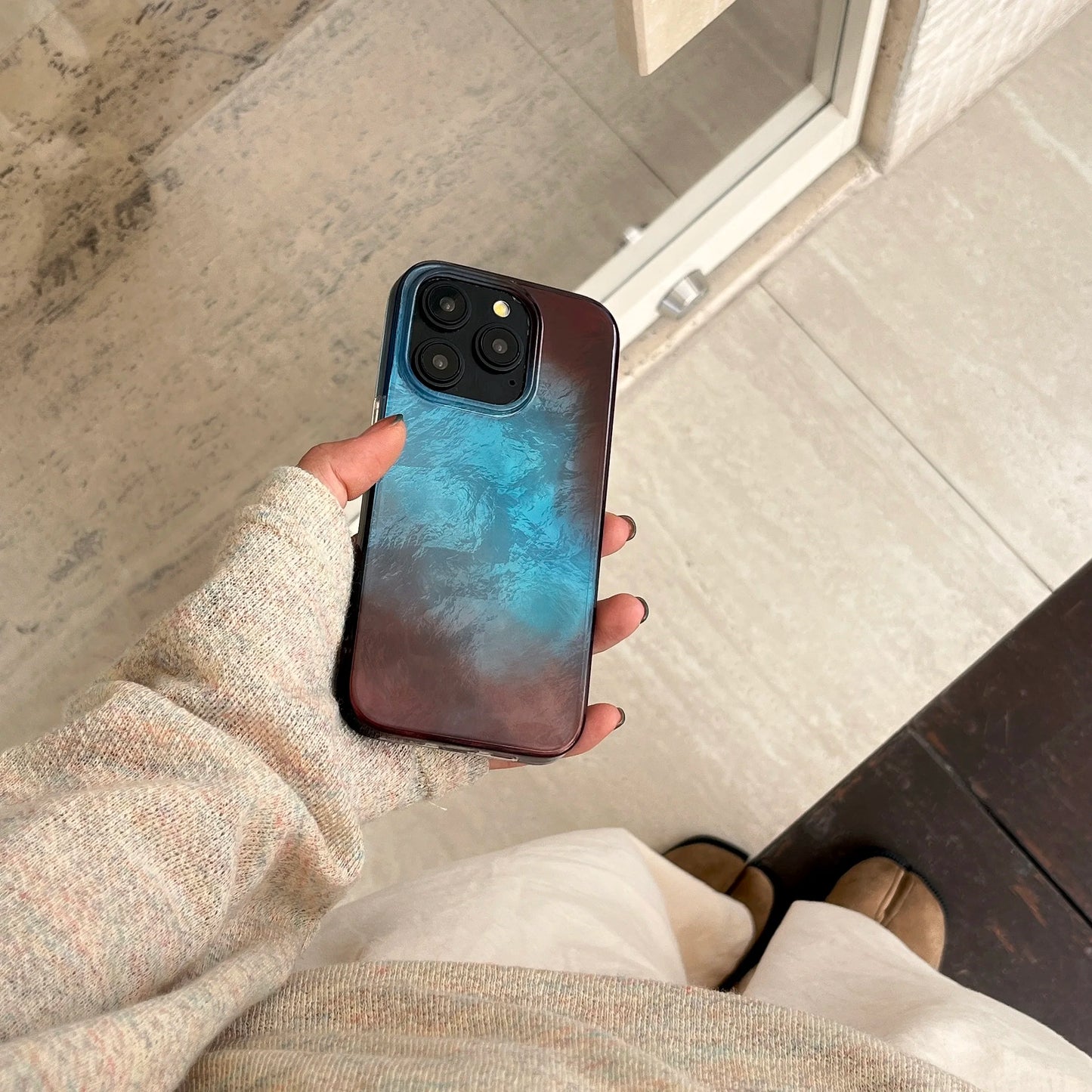 Korean INS Full Covered Blue & Brown Gradient Double Layers Chic Phone Case for iPhone 16 15 14 13 Pro Max Back Phone Cover Capa