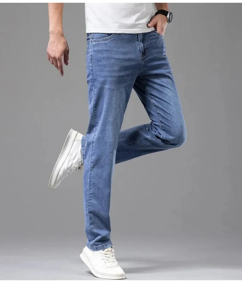 Summer Elastic Men's Jeans Fashion Gray Comfortable Business Straight Stretch Cotton Casual Denim Pants Brand Male Thin Trousers