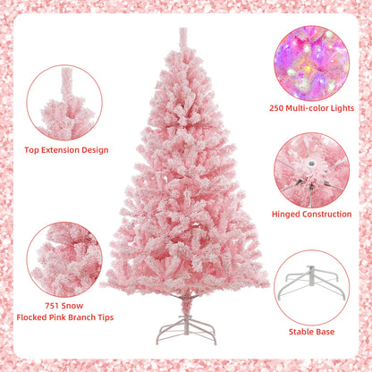 6Ft Pink Pre-lit Christmas Tree, Snow Flocked Artificial Xmas Tree with 250 Multi Color LED Lights 751 Branch Tips and Foldable