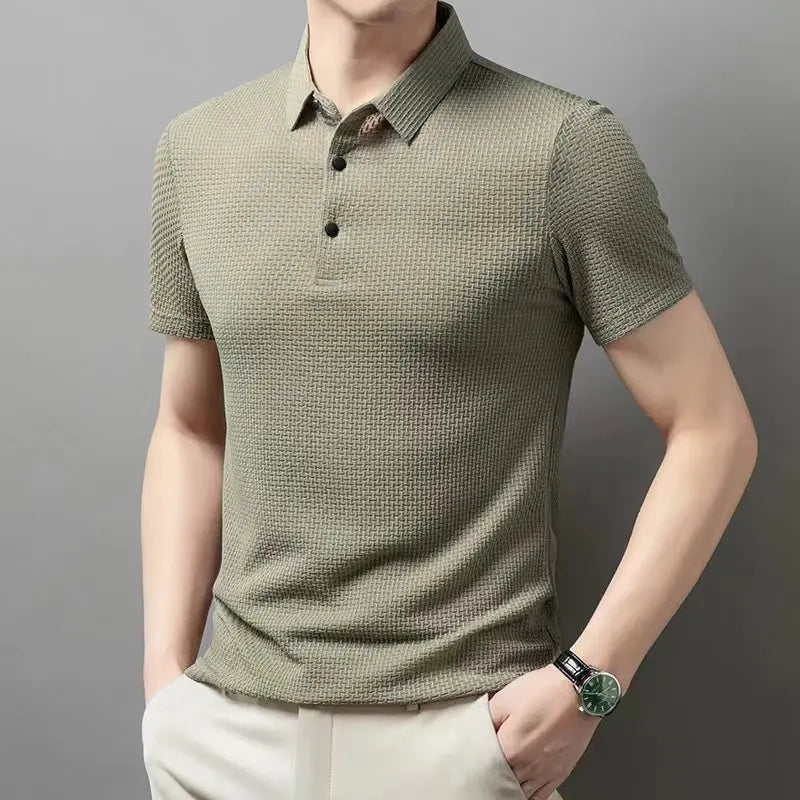 New Men's Business Casual Short Sleeved Bone Flower Solid Color POLO Shirt Fashion Breathable Comfortable Summer Versatile Top