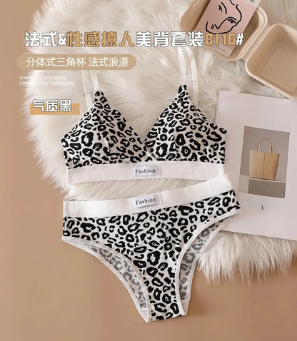 Women Seamless Bra Set Low Waist Panties Leopard Bralette Sexy Lingerie Set Vneck Sport Brassiere Female Cotton Underwear Set