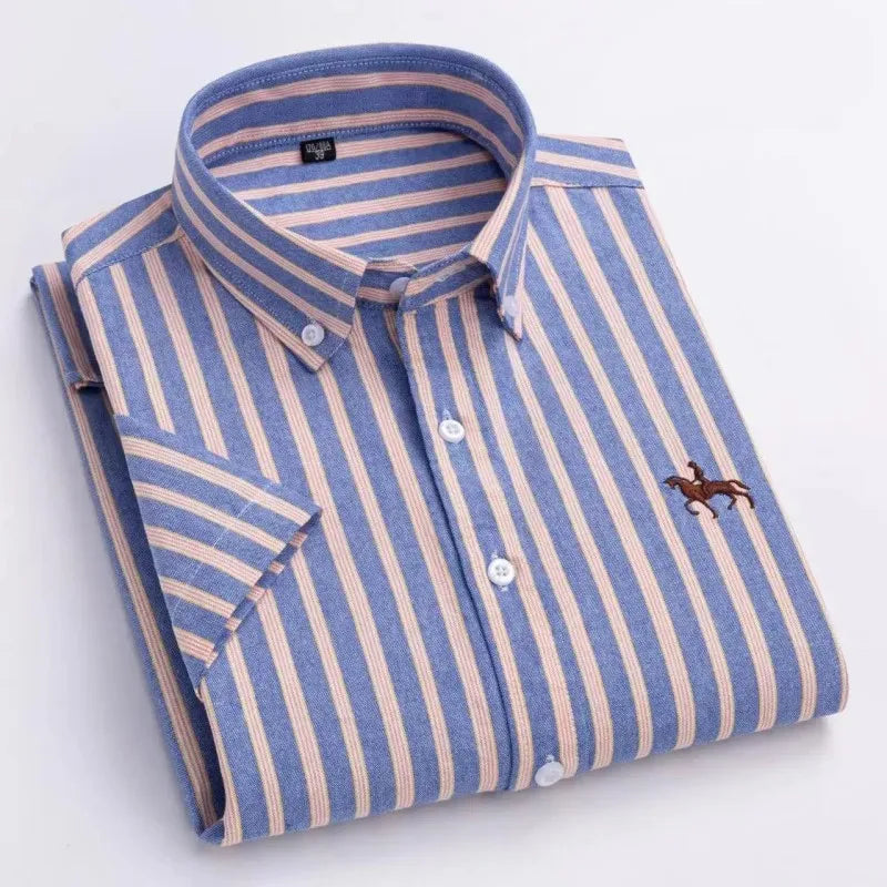 100% Pure Cotton Oxford Shirt For Men’s Short Sleeve Solid Stripe Leisure Embroidered Horse Social Business Formal Dress Shirts