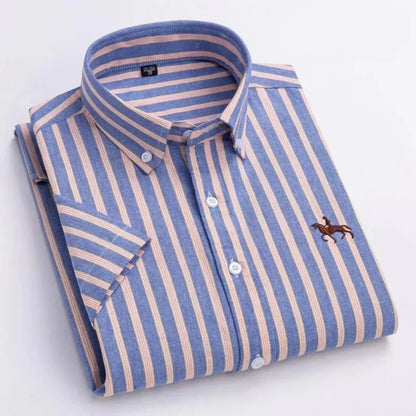 100% Pure Cotton Oxford Shirt For Men’s Short Sleeve Solid Stripe Leisure Embroidered Horse Social Business Formal Dress Shirts